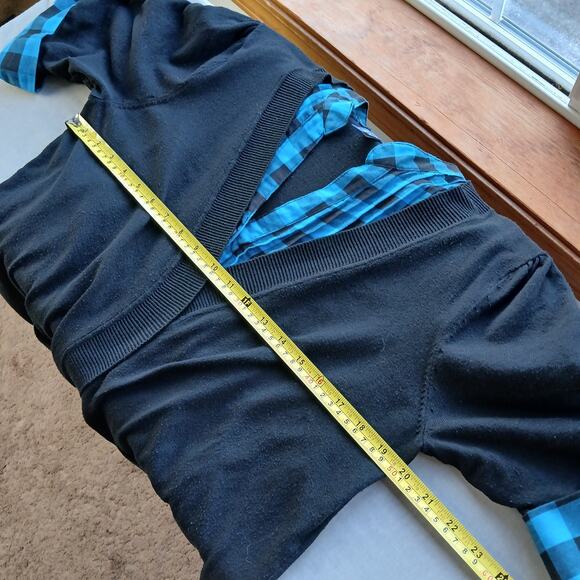 GNW Indigo Teal Layered Look Cardigan Blouse L plaid pintuck tunic roll sleeve - Picture 10 of 16